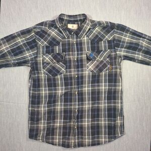 LEGENDARY WHITETAILS Mens Large Plaid Flannel Western Shirt Pearl Snap Blue Grey